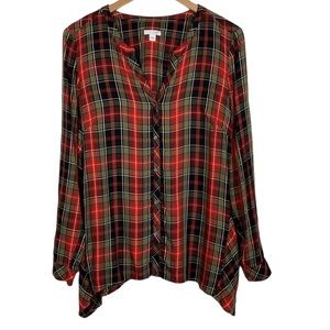 J Jill Red Plaid Button Front Shirt